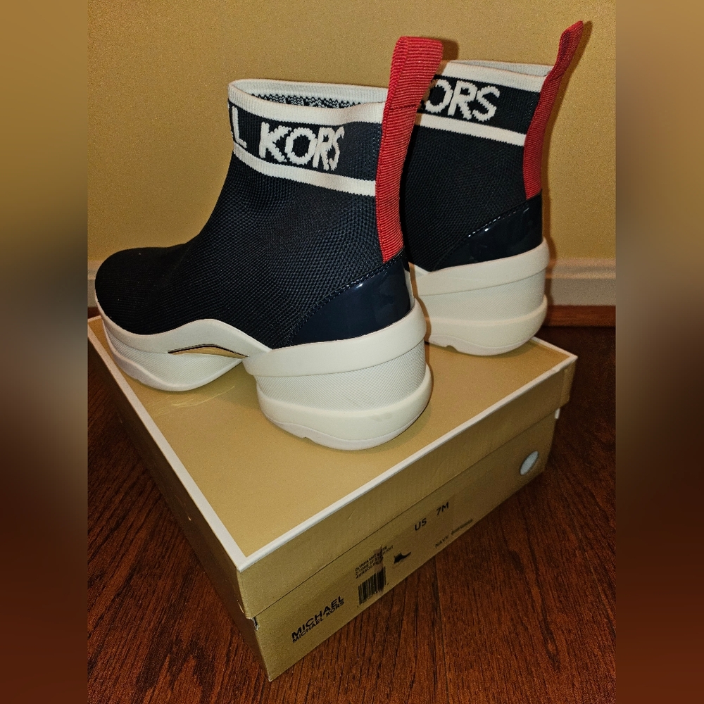 Michael Kors Navy and Red Olympia Knit Booties